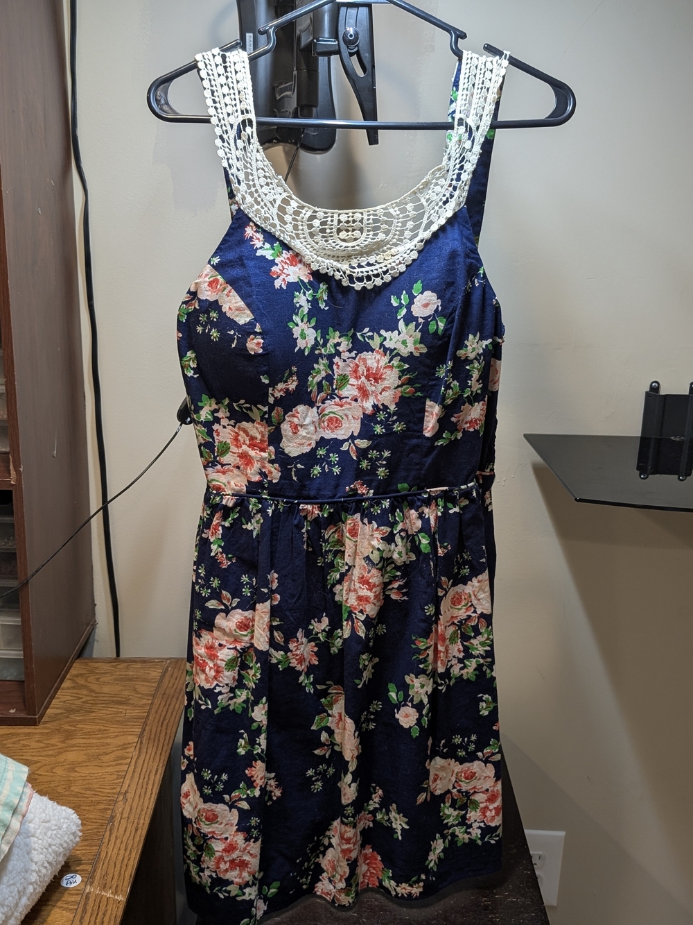 No Boundaries Navy Floral Dress with White Crochet Yoke